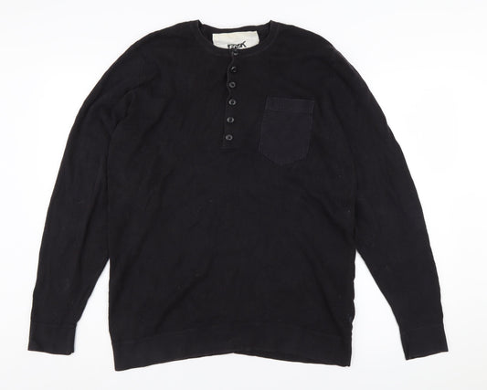 FCUK Men's Black Henley Jumper L, Cotton Knit