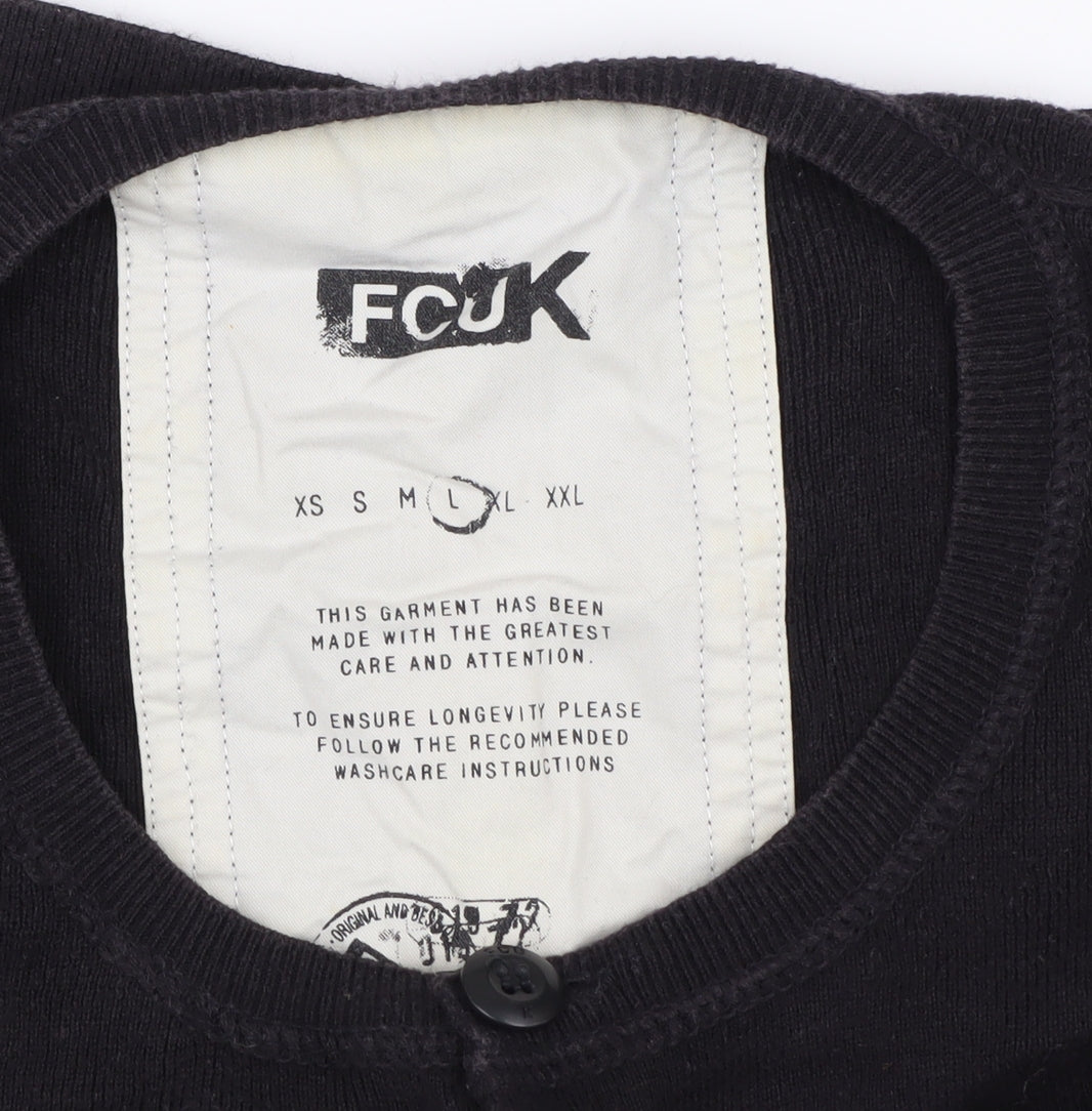 FCUK Men's Black Henley Jumper L, Cotton Knit