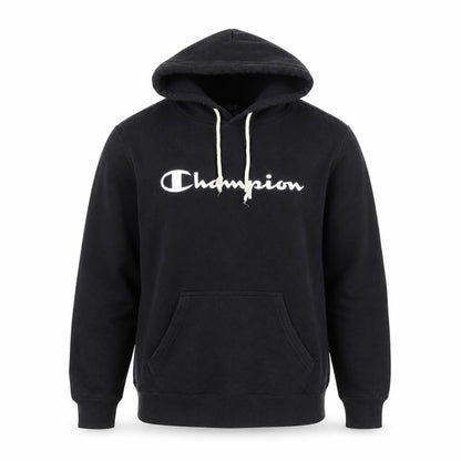 Front view of Champion unisex black pullover hoodie medium logo detail