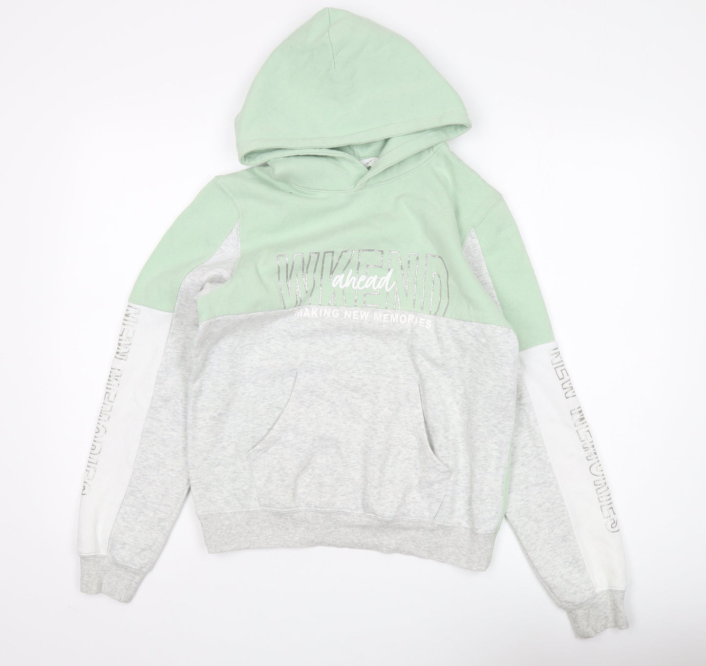 H&M Girls Green Grey Pullover Hoodie, Size 12 Years, Fleece