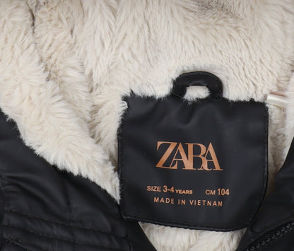 Zara Girls Black Hooded Parka Coat 3-4 Years