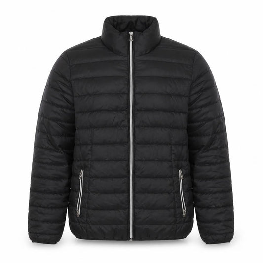 Front view of Astrolabio unisex black quilted jacket uk 16
