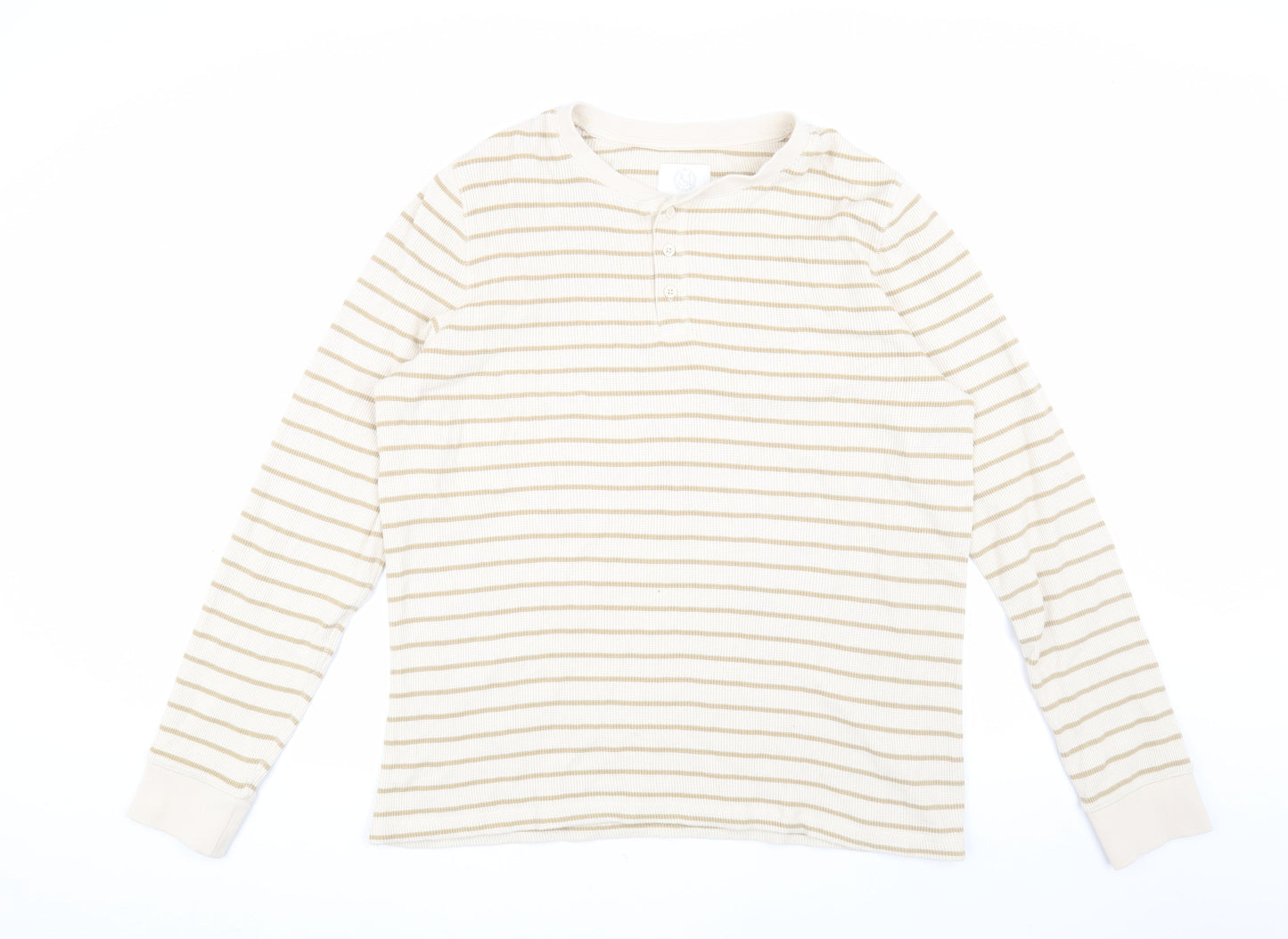 Marks and Spencer Men's Beige Striped Henley T-Shirt Size L