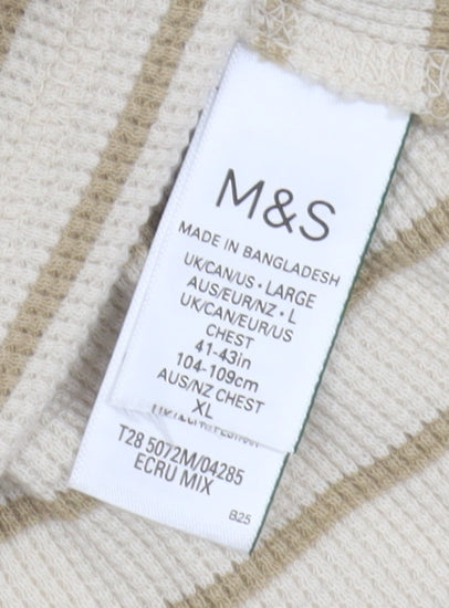 Marks and Spencer Men's Beige Striped Henley T-Shirt Size L