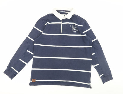 WRU Men's Blue Striped Long Sleeve Polo Shirt L