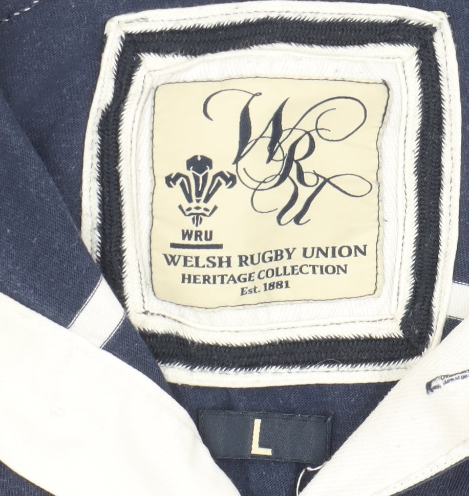 WRU Men's Blue Striped Long Sleeve Polo Shirt L