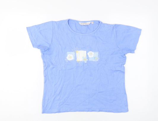 EWM Women's Blue Floral Embroidered T-Shirt, Size 10-12