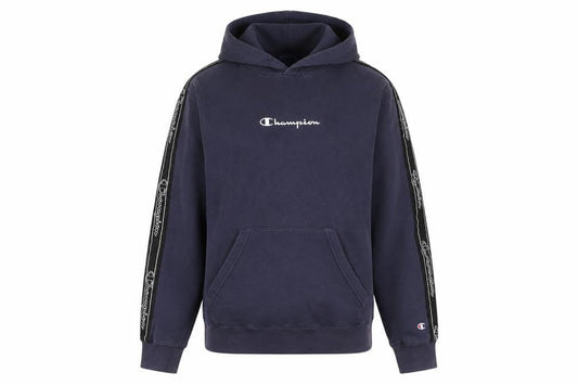 Front view of Champion unisex blue hoodie xs pullover logo casual