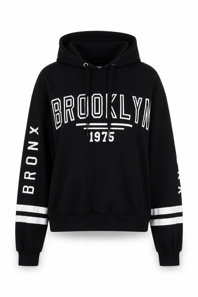 Front view of H&M Black Hoodie unisex s brooklyn logo pullover casual