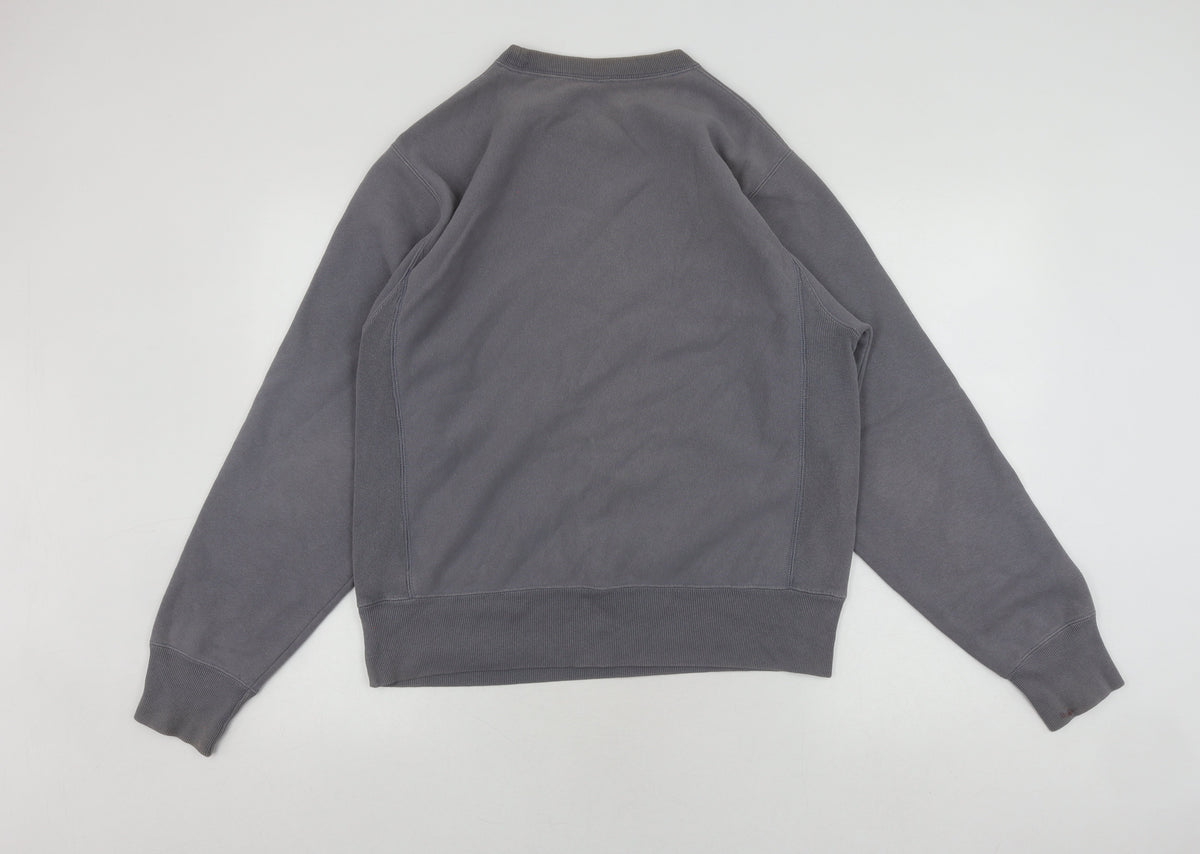 Back view of Champion Grey Pullover Sweatshirt, unisex s, logo style