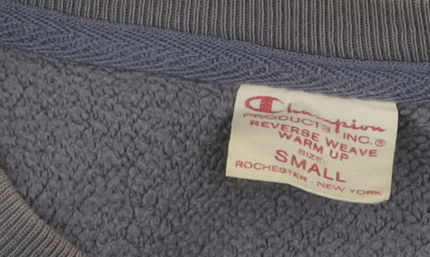 Brand and care label for Champion Grey Pullover Sweatshirt, unisex s, logo style