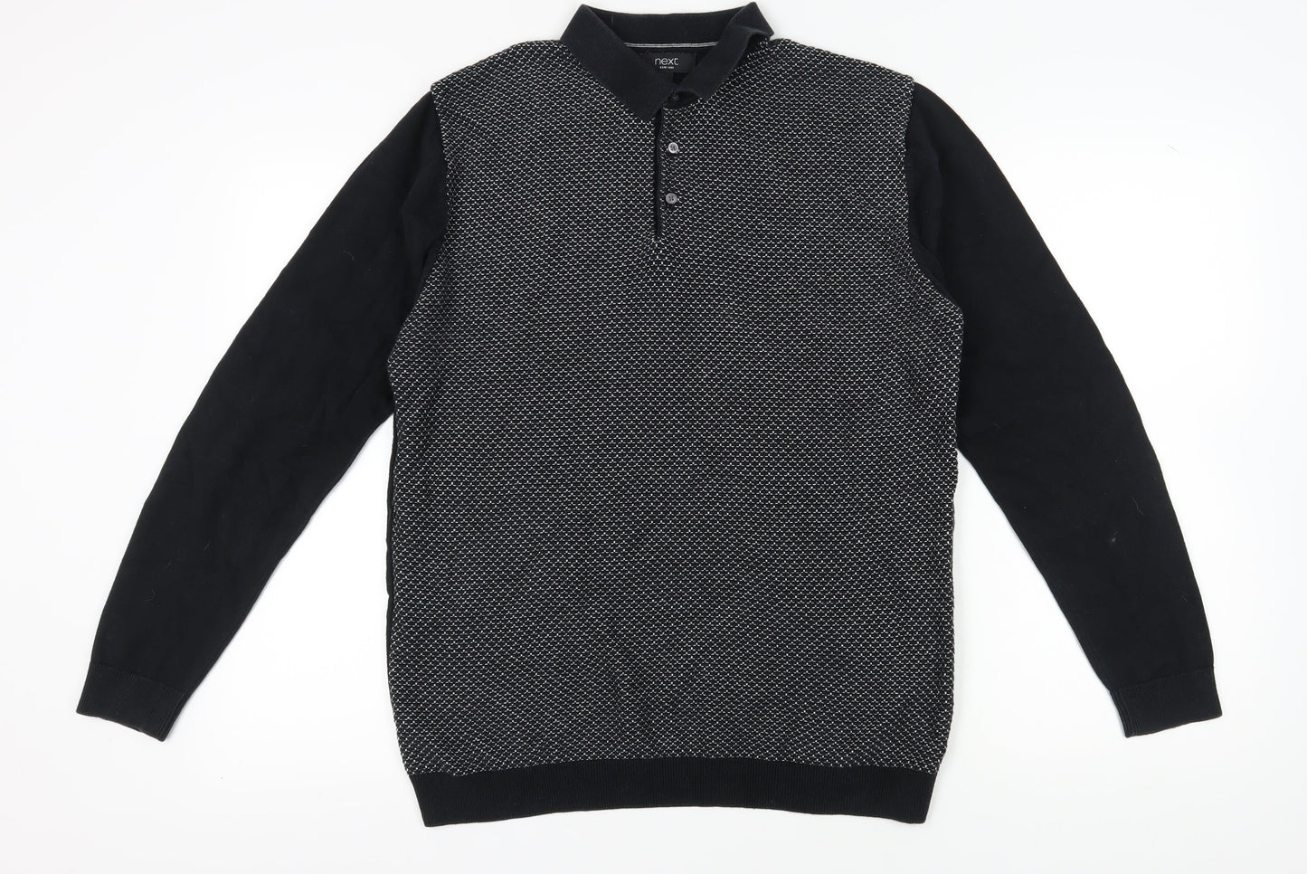 NEXT Men's Black Henley Jumper, L, Collared Geometric Knit