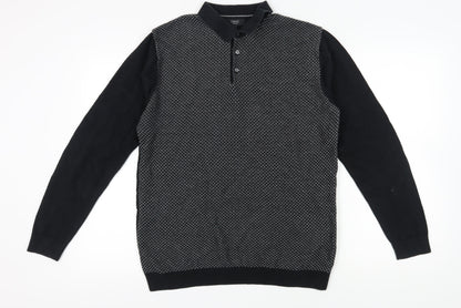NEXT Men's Black Henley Jumper, L, Collared Geometric Knit