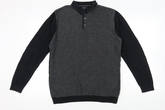 NEXT Men's Black Henley Jumper, L, Collared Geometric Knit