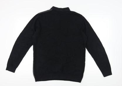 NEXT Men's Black Henley Jumper, L, Collared Geometric Knit