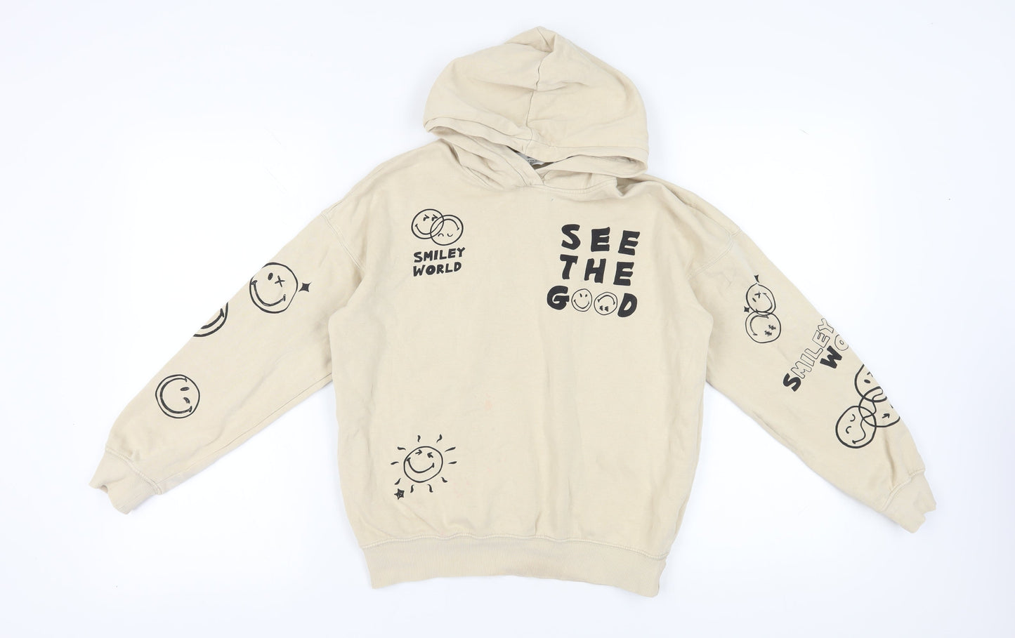 H&M Girls Beige Pullover Hoodie, Graphic Print, 11-12 Years