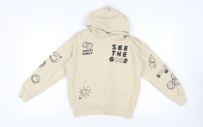 H&M Girls Beige Pullover Hoodie, Graphic Print, 11-12 Years