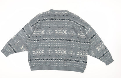 C&A Men's Grey Fair Isle Chunky Knit Pullover XL