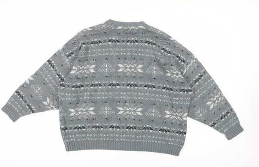 C&A Men's Grey Fair Isle Chunky Knit Pullover XL