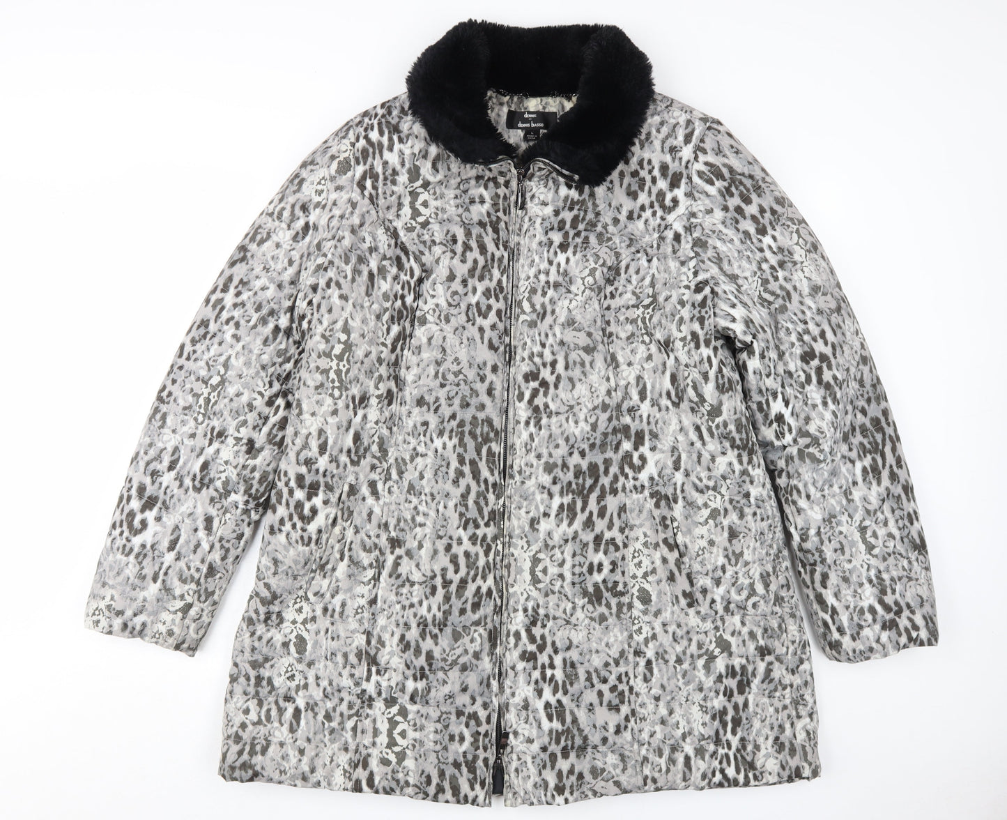Dennis Basso Women's Grey Animal Print Puffer Coat L