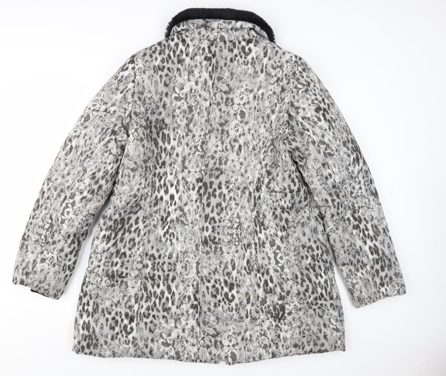Dennis Basso Women's Grey Animal Print Puffer Coat L