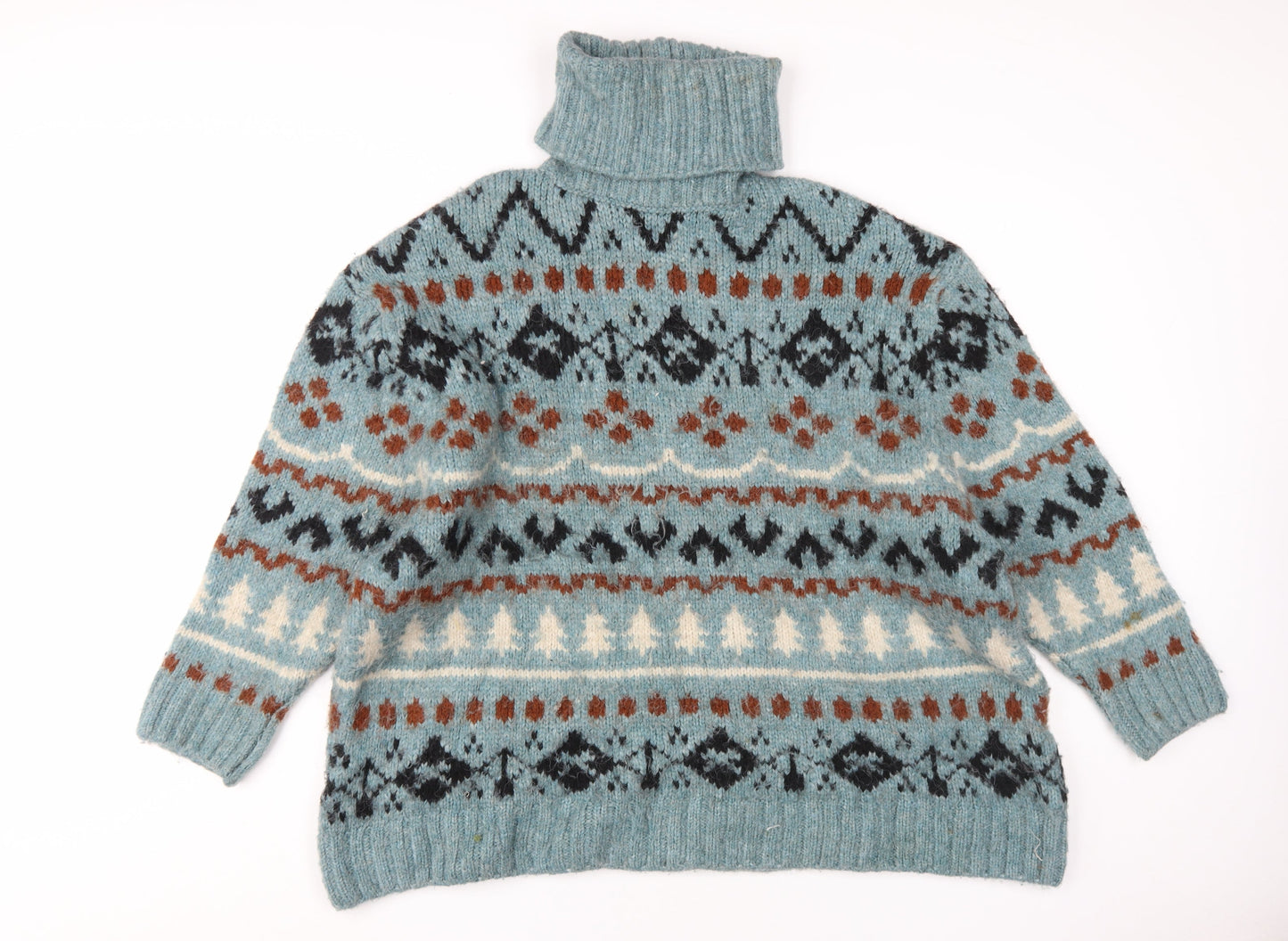 Zara Men's Fair Isle Roll Neck Jumper, Blue/Brown, M