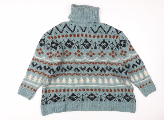 Zara Men's Fair Isle Roll Neck Jumper, Blue/Brown, M