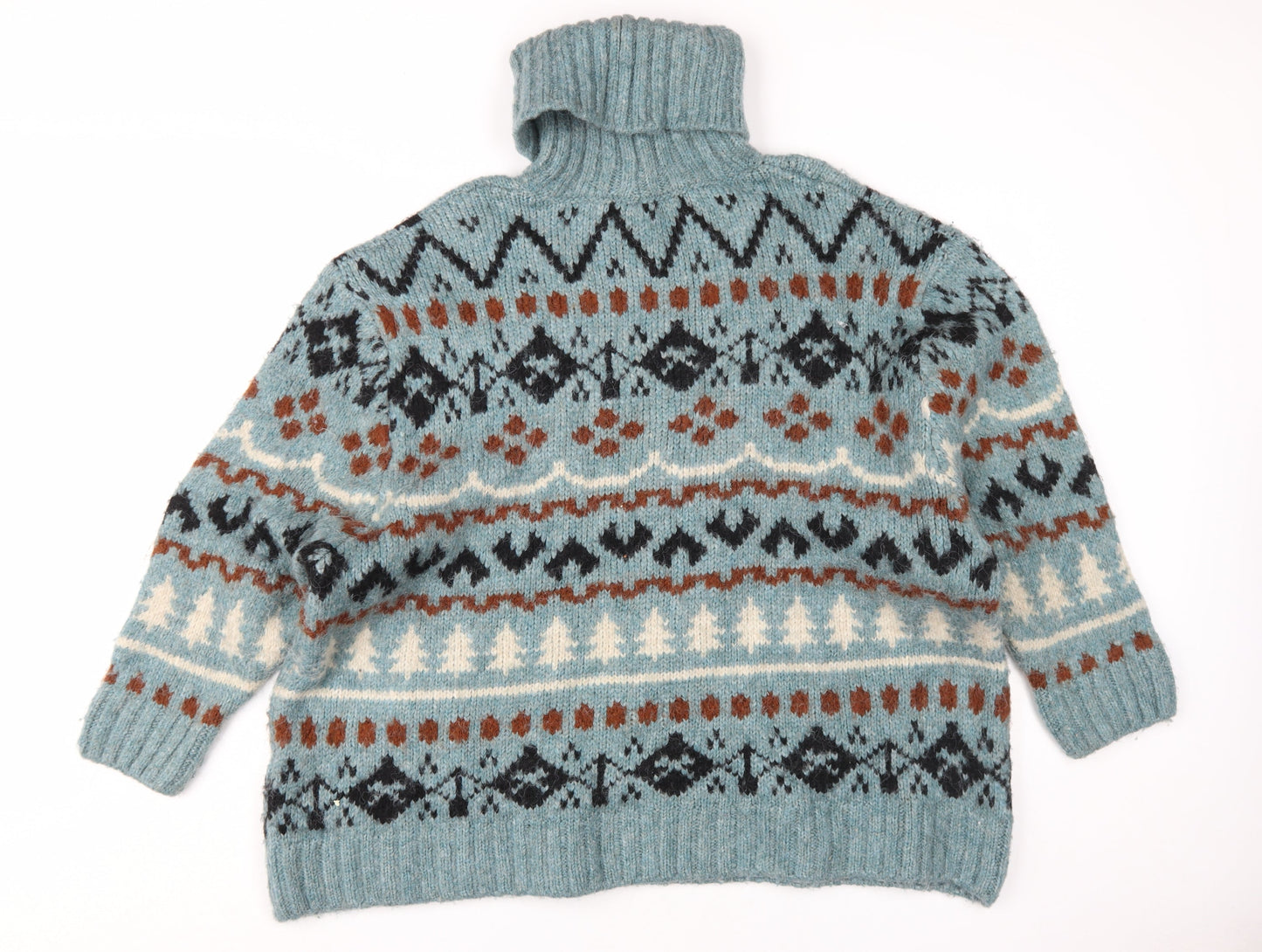 Zara Men's Fair Isle Roll Neck Jumper, Blue/Brown, M