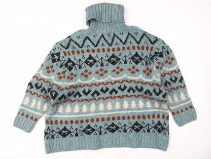 Zara Men's Fair Isle Roll Neck Jumper, Blue/Brown, M