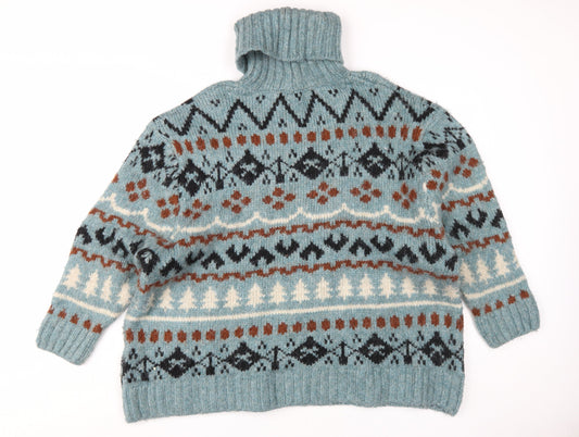 Zara Men's Fair Isle Roll Neck Jumper, Blue/Brown, M