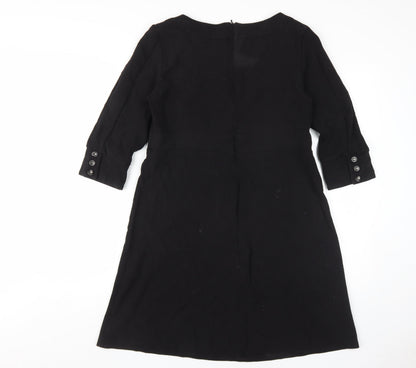 Wallis Women's Black Shift Dress Size 14, 3/4 Sleeve, Button Accents