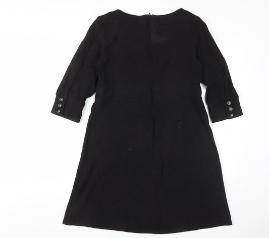 Wallis Women's Black Shift Dress Size 14, 3/4 Sleeve, Button Accents