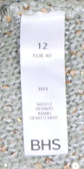 BHS Women's Green Sequin Open-Knit Cardigan, Size 12