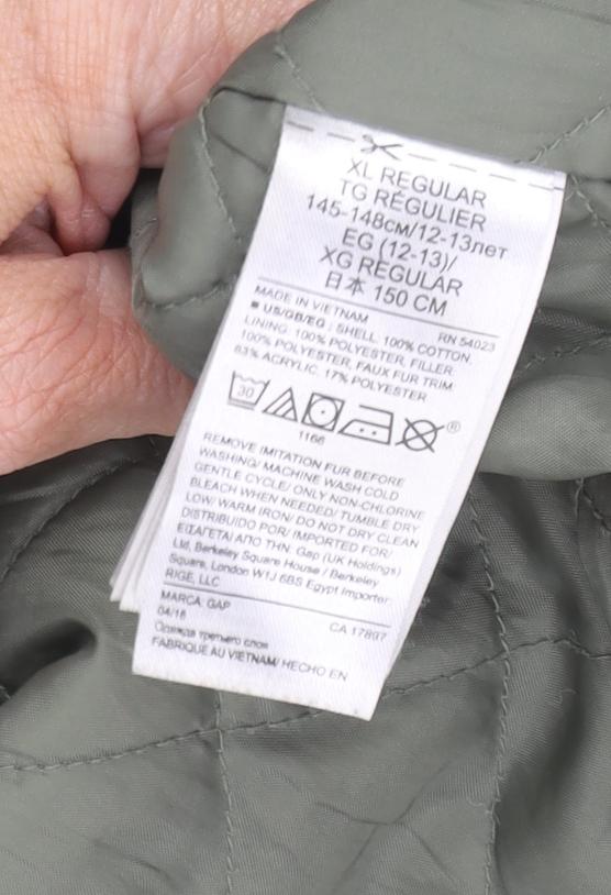 GAP Boys Green Parka 12-13 Years Hooded Mid-Length Jacket