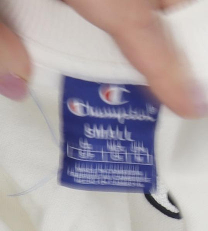 Brand and care label for Champion White unisex pullover sweatshirt s
