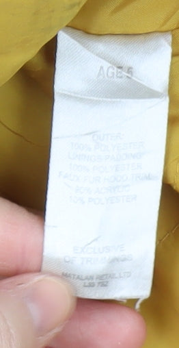 Matalan Girls Yellow Hooded Puffer Jacket, Size 5 Years