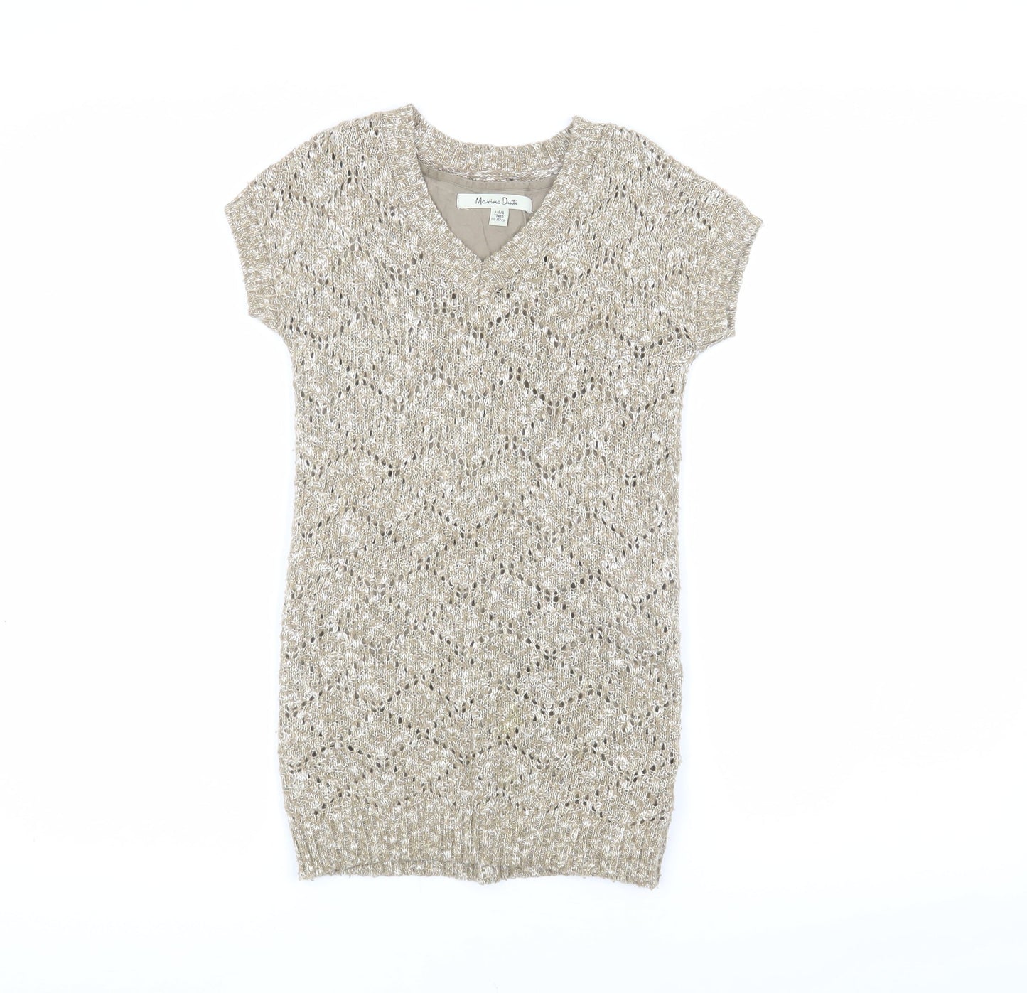 Massimo Dutti Girls Beige Argyle Knit Dress V-Neck 5-6 Years