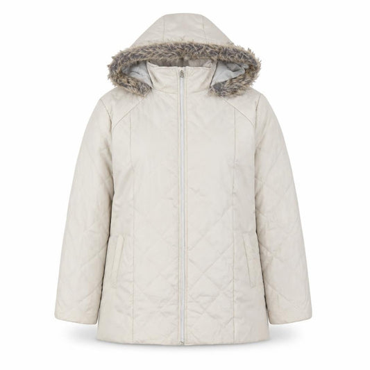 Front view of Anne De Lancay Women's Beige Puffer Coat M Hooded