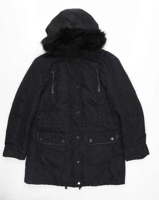 Autograph Women's Black Parka Coat with Faux Fur Trim, Size 14
