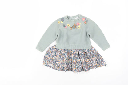 Next Girls Green Floral Knit Dress 3-6 Months, Long Sleeve