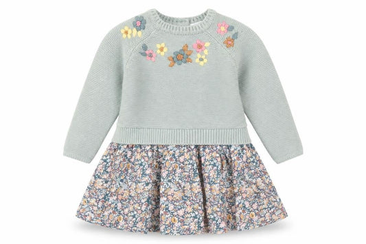 Next Girls Green Floral Knit Dress 3-6 Months, Long Sleeve