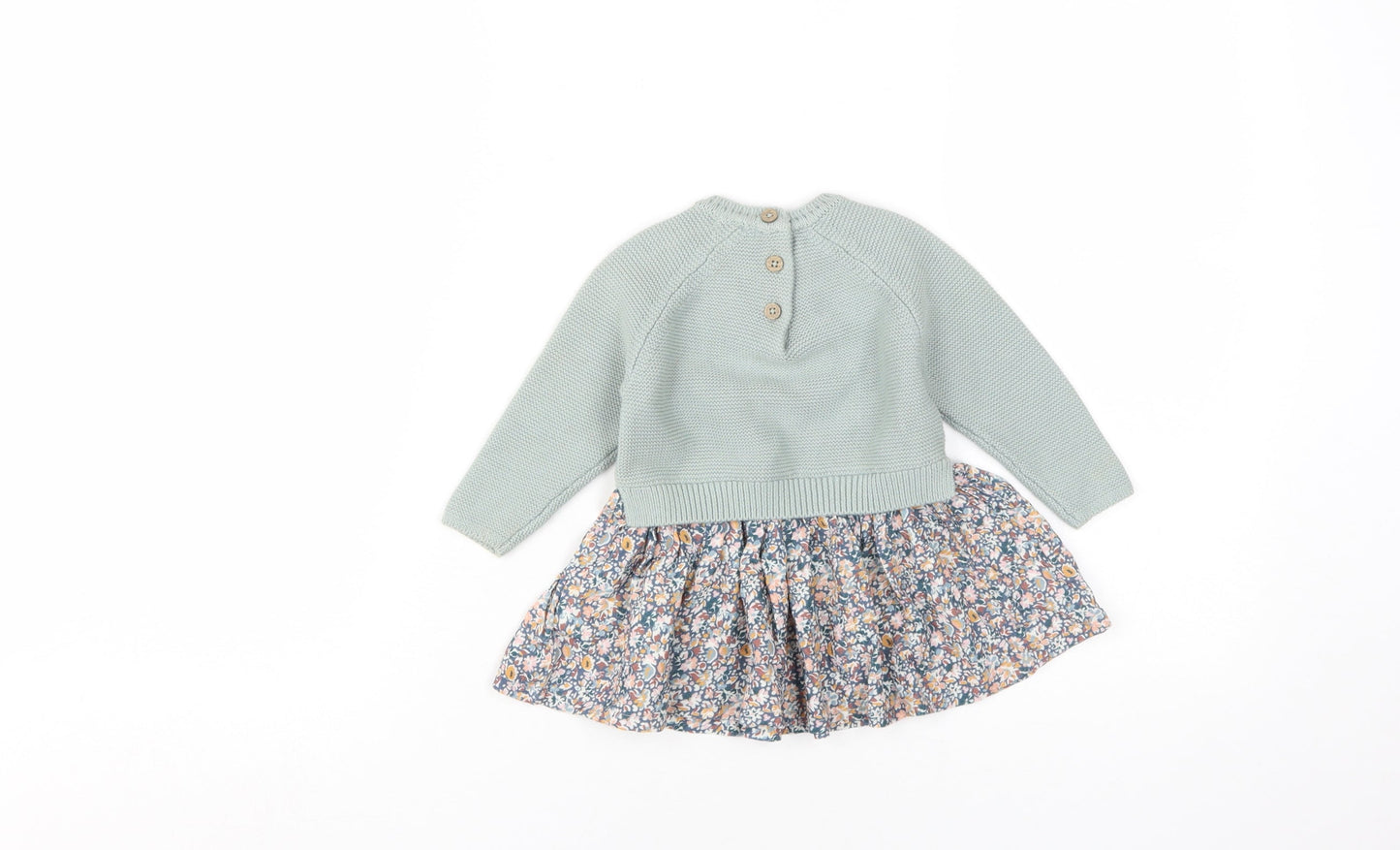 Next Girls Green Floral Knit Dress 3-6 Months, Long Sleeve