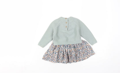 Next Girls Green Floral Knit Dress 3-6 Months, Long Sleeve