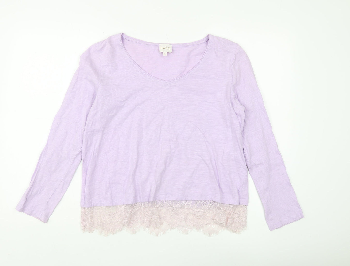 East Women's Purple V-Neck Lace Hem Blouse Size M