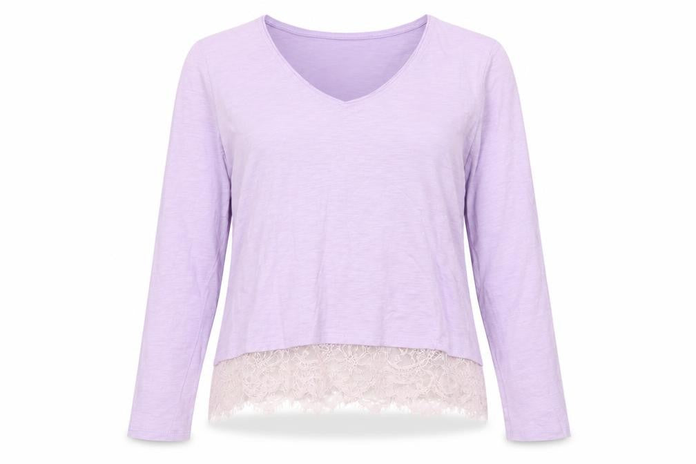 East Women's Purple V-Neck Lace Hem Blouse Size M