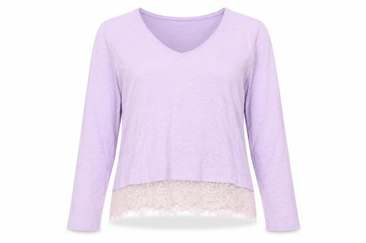 East Women's Purple V-Neck Lace Hem Blouse Size M