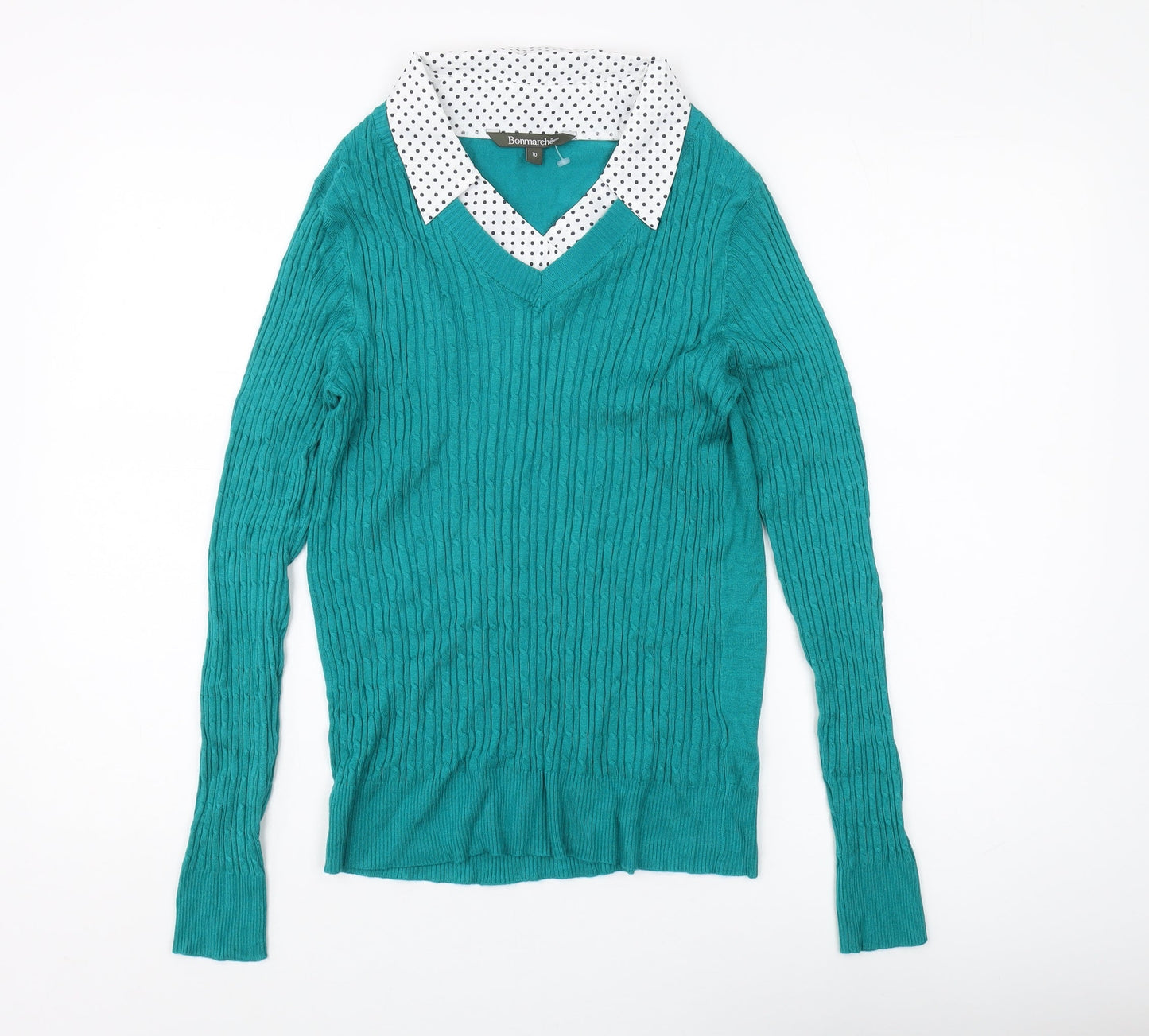 Bonmarché Women's Green V-Neck Cable Knit Pullover Jumper Size 10