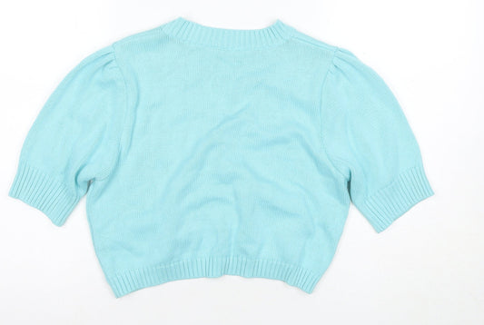 Damart Women's Blue Cardigan M V-Neck Puff Sleeve