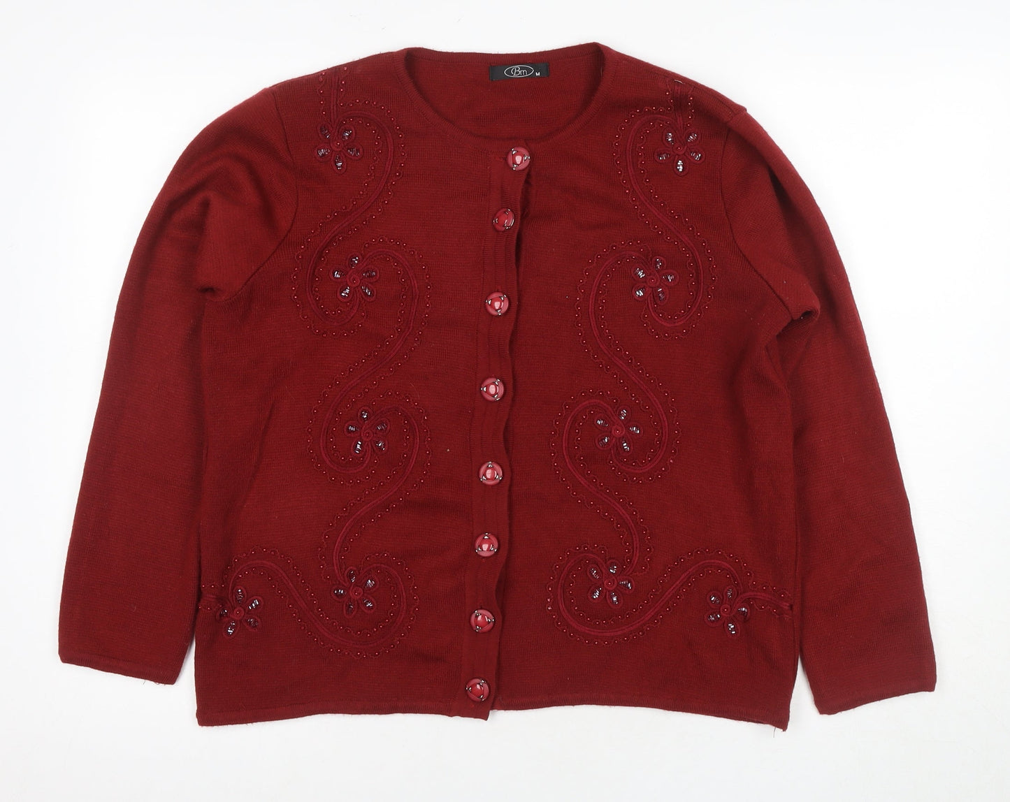 BJM Red Women's Cardigan M Acrylic Beaded Buttons