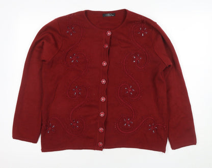 BJM Red Women's Cardigan M Acrylic Beaded Buttons